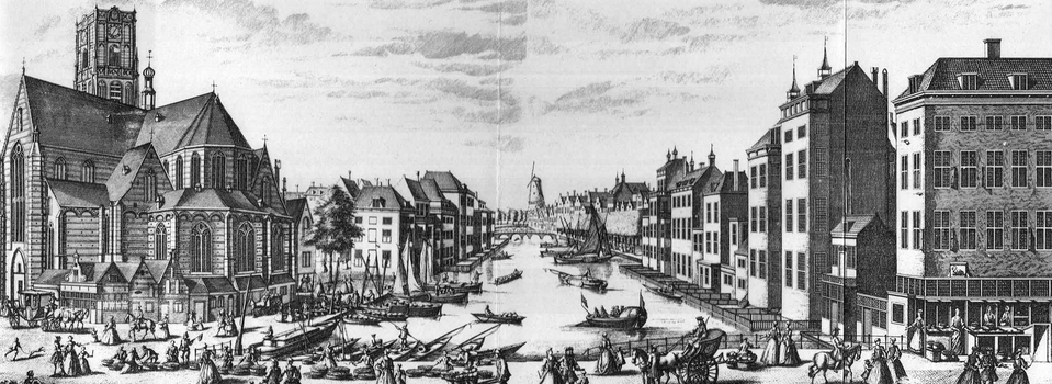 Gesigt aan het water genaamt De Rotte siende naar Vismarkt en Groote kerk tot Rotterdam (gravure door Leonard Schenk, 1720).