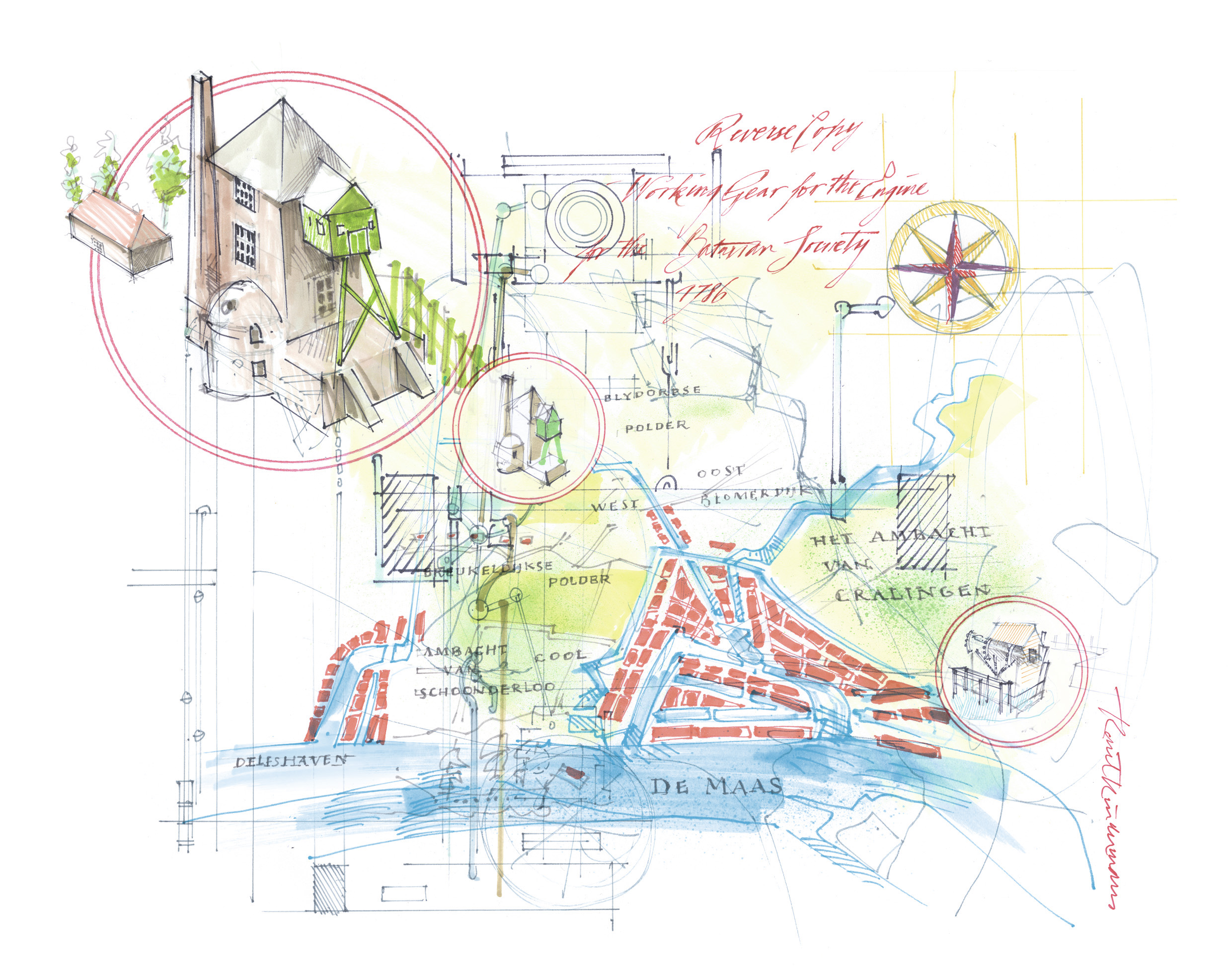 Het stoomgemaal in de polder Blijdorp (tekening Karel Kindermans, 2020 - www.Kindermans.nl)