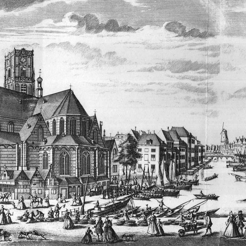 Gesigt aan het water genaamt De Rotte siende naar Vismarkt en Groote kerk tot Rotterdam (gravure door Leonard Schenk, 1720).