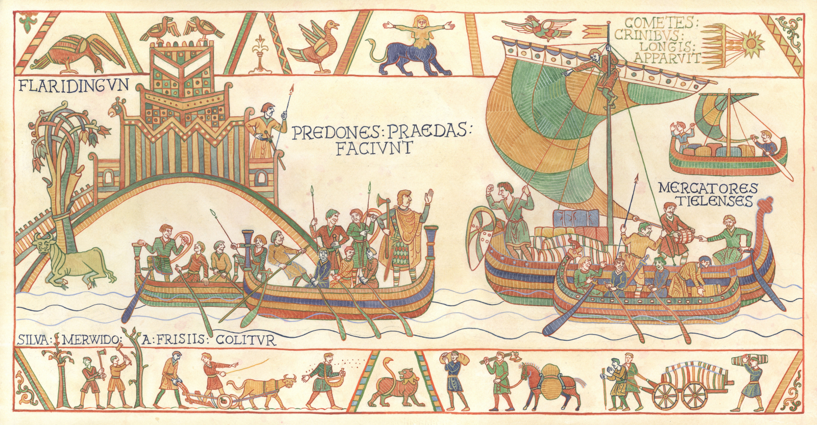 Graaf Dirk III bouwde een versterking in Vlaardingen (linksboven) en verstoorde de handel van en naar Engeland. Met name de kooplieden uit Tiel hadden er erg veel last van. In de onderste rand de ontginning van het Merwedewoud (tekening John Rabou 2018 naar de stijl van het tapijt van Bayeux)