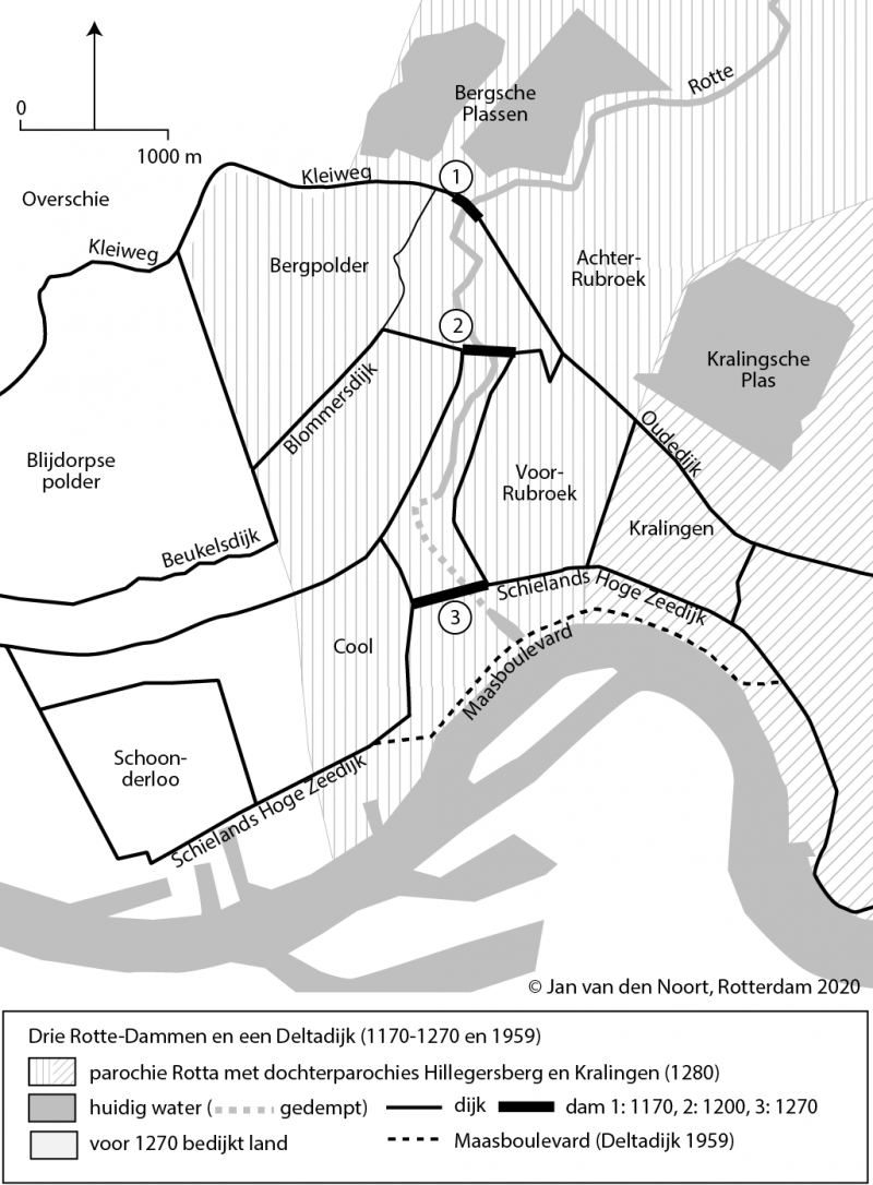 Blog 5 Drie Rotte Dammen en een Deltadijk 1170 1270 en 1959 tekening Jan van den Noort 2020