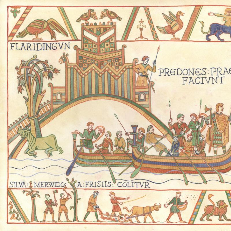 Graaf Dirk III bouwde een versterking in Vlaardingen (linksboven) en verstoorde de handel van en naar Engeland. Met name de kooplieden uit Tiel hadden er erg veel last van. In de onderste rand de ontginning van het Merwedewoud (tekening John Rabou 2018 naar de stijl van het tapijt van Bayeux en t.g.v. "Graven in Vlaardingen”, een tentoonstelling over archeologische vondsten in Vlaardingen in het toenmalige Visserijmuseum)